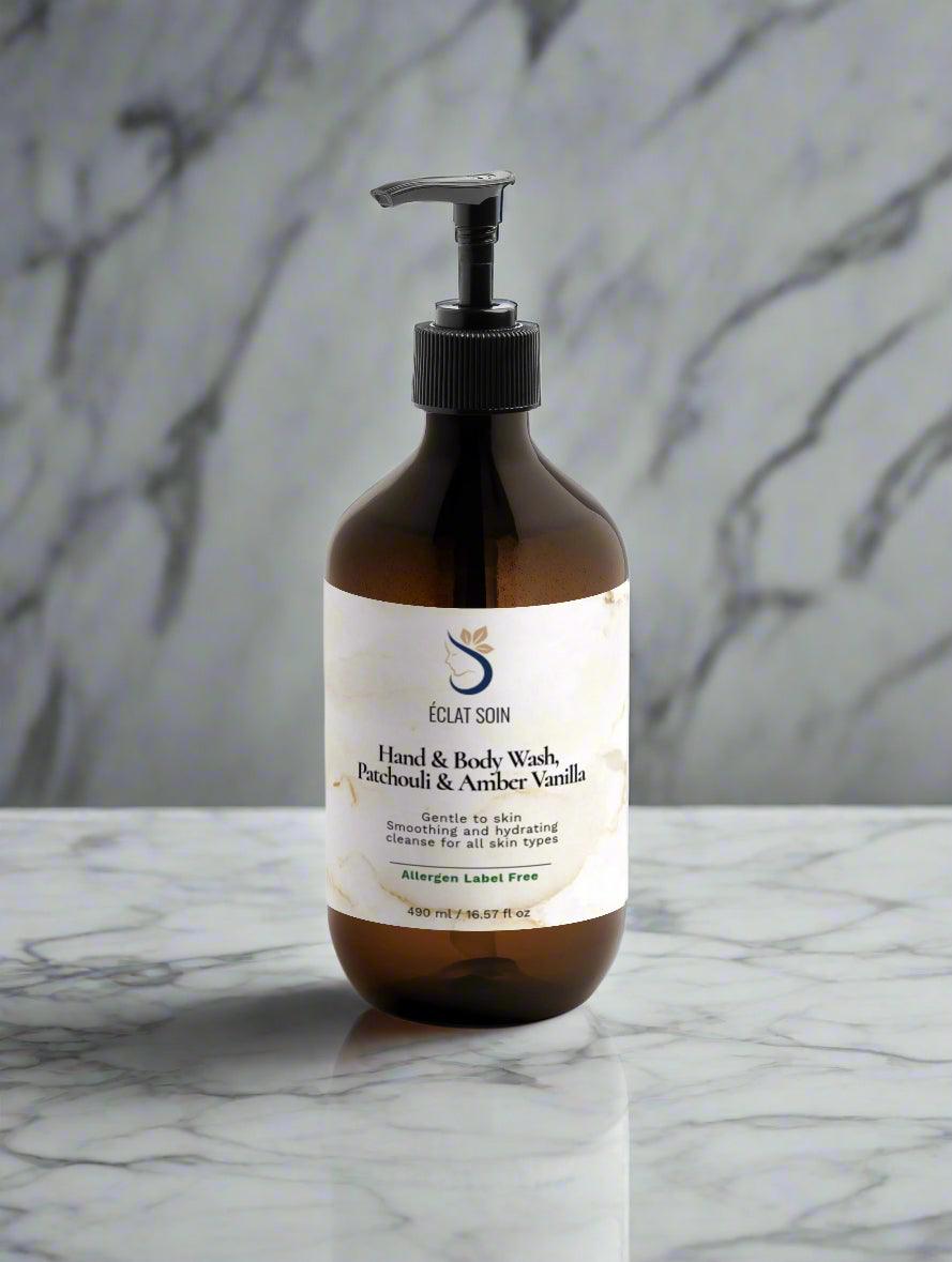 Eclat Soin Hand & Body Wash, Patchouli & Amber Vanilla in a brown bottle with a pump dispenser